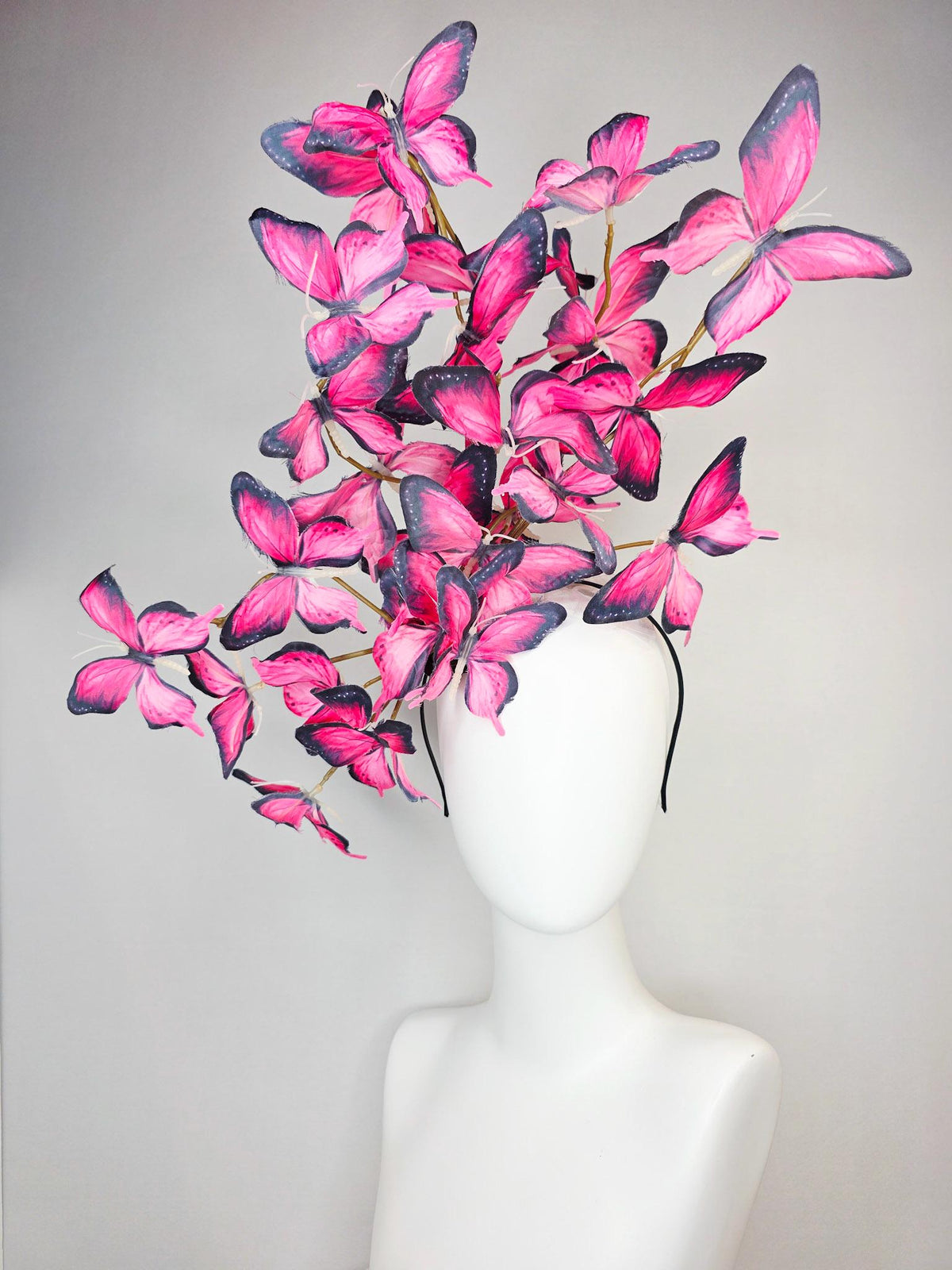 kentucky derby hat fascinator large branching hot raspberry pink red black and white fabric butterflies on headband