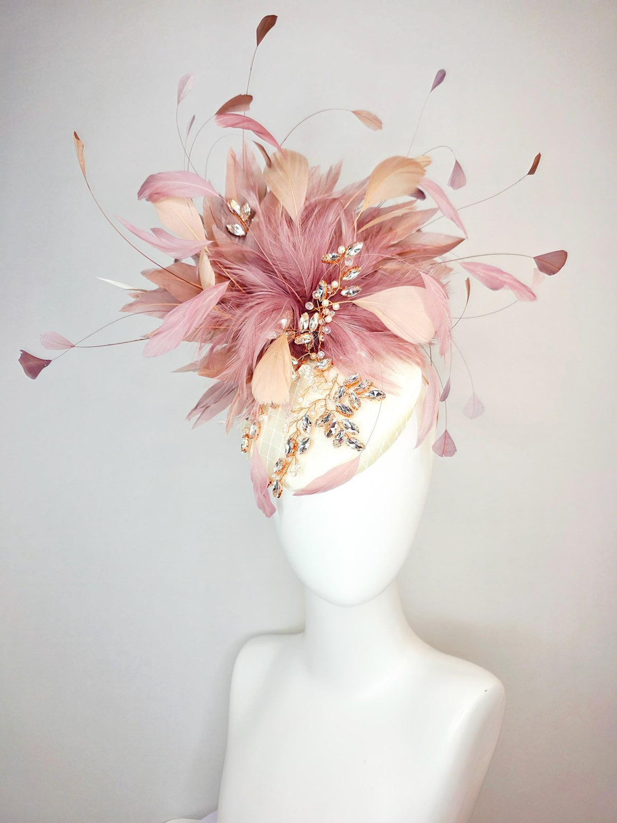 kentucky derby hat fascinator champagne ivory satin with netting leaf vine crystal pearl rhinestone dusty rose mauve pink white feathers