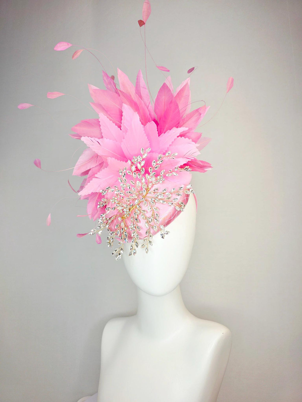 kentucky derby hat fascinator light pink satin with netting leaf vine clear crystal rhinestone fluffy blush baby pink feathers