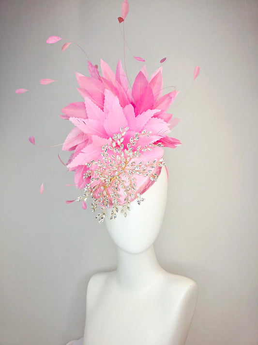 kentucky derby hat fascinator light pink satin with netting leaf vine clear crystal rhinestone fluffy blush baby pink feathers