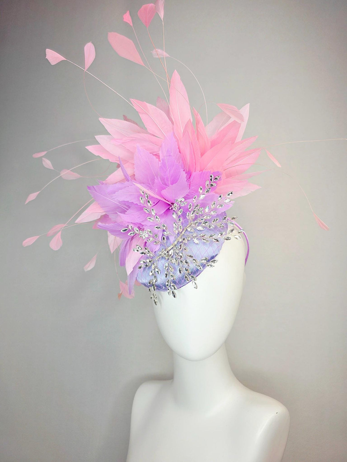 kentucky derby hat fascinator lavender purple satin with netting leaf vine crystal clear rhinestone fluffy lilac purple baby pink feathers