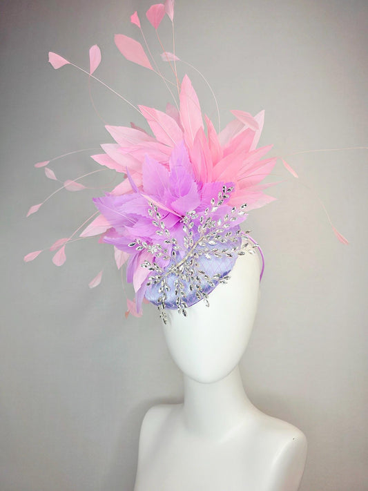 kentucky derby hat fascinator lavender purple satin with netting leaf vine crystal clear rhinestone fluffy lilac purple baby pink feathers