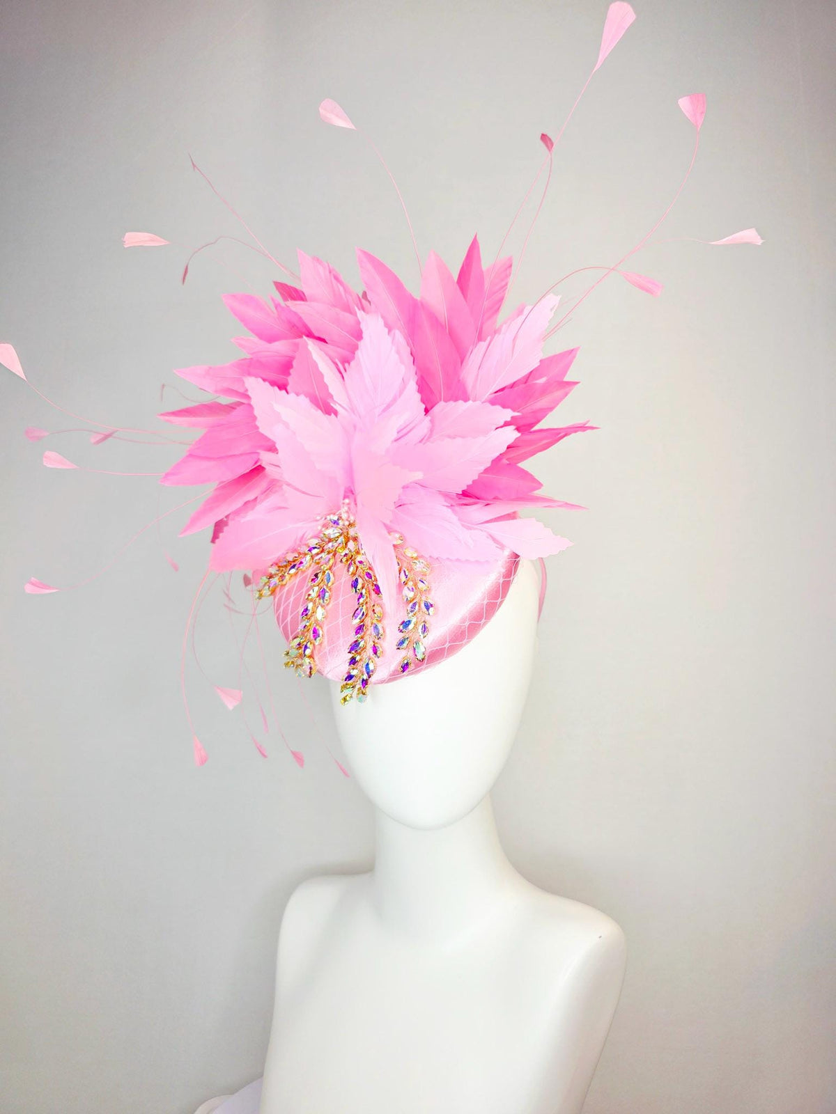 kentucky derby hat fascinator baby pink satin with netting leaf vine iridescent crystal rhinestone fluffy light baby blush pink feathers