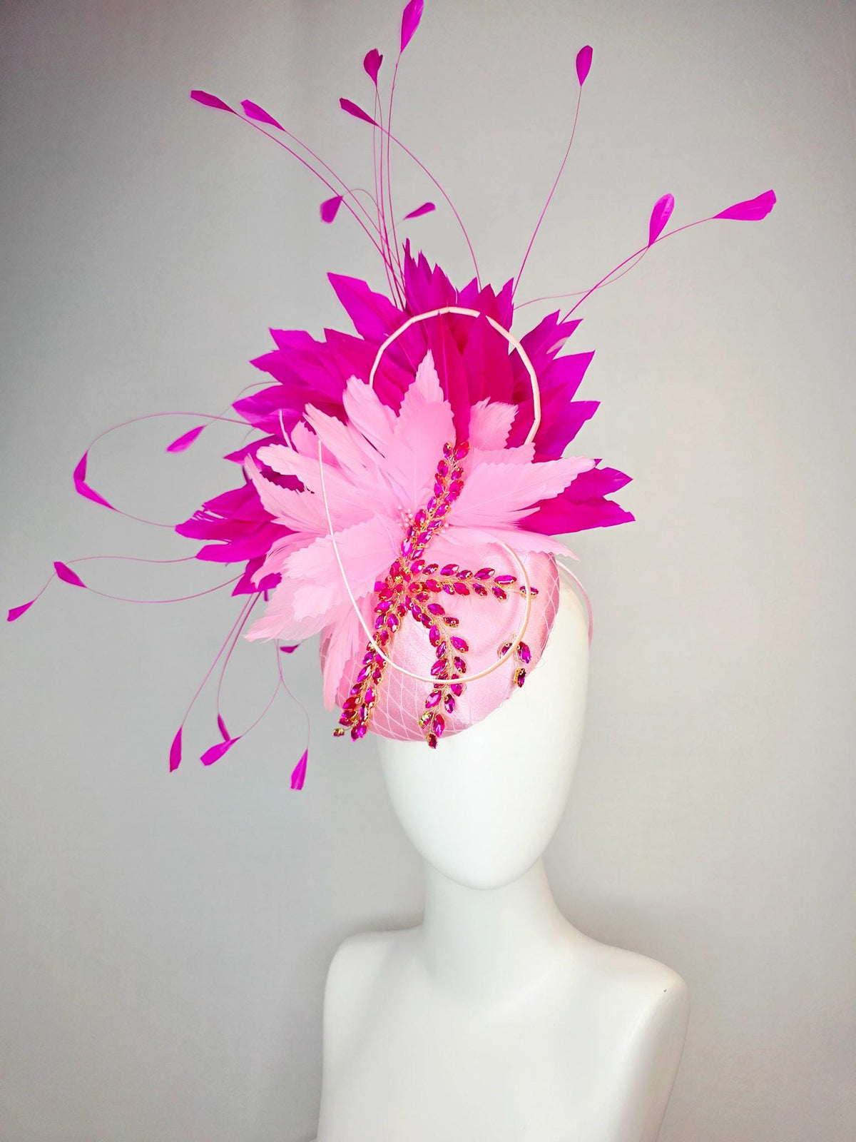 kentucky derby hat fascinator baby pink satin with netting leaf vine hot pink crystal rhinestone fluffy light baby pink fuchsia feathers