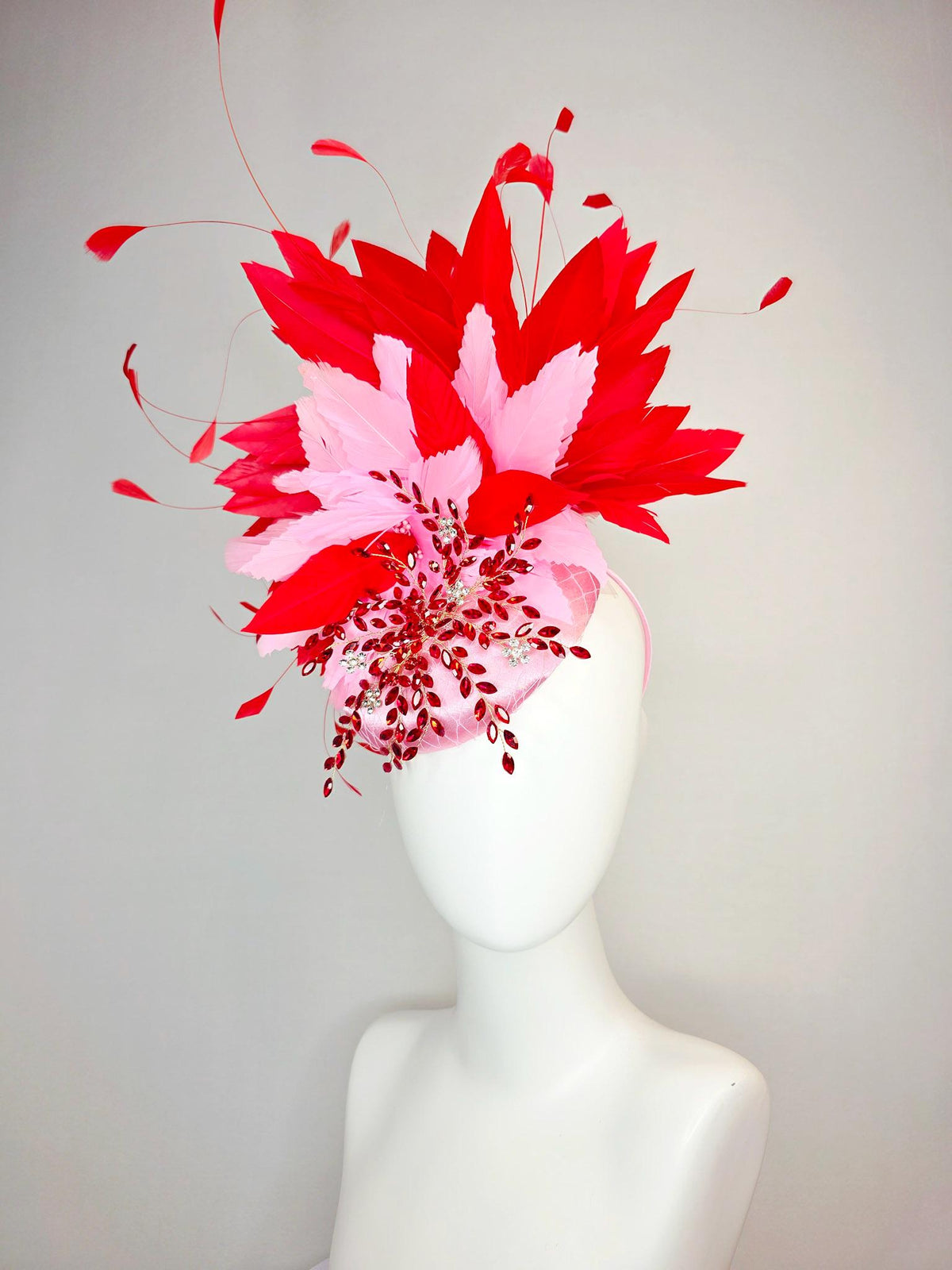 kentucky derby hat fascinator light pink satin with netting leaf vine red crystal rhinestone fluffy baby pink bright scarlet red feathers