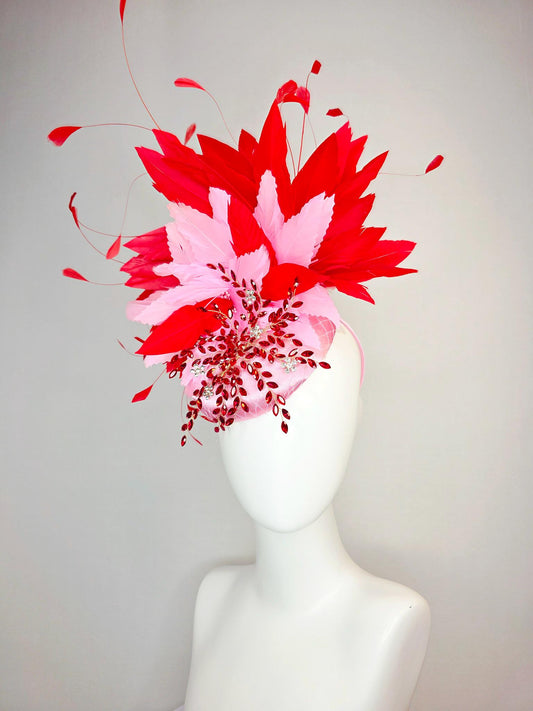 kentucky derby hat fascinator light pink satin with netting leaf vine red crystal rhinestone fluffy baby pink bright scarlet red feathers