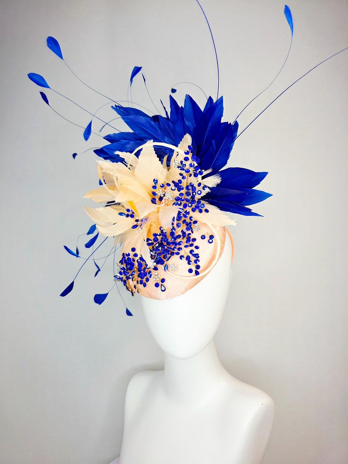 kentucky derby hat fascinator champagne beige satin with netting leaf vine blue crystal rhinestone cream beige royal cobalt blue feathers
