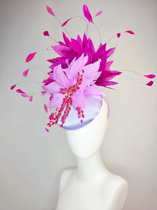 kentucky derby hat fascinator lavender purple satin with netting leaf vine pink crystal rhinestone fluffy lilac purple magenta pink feathers