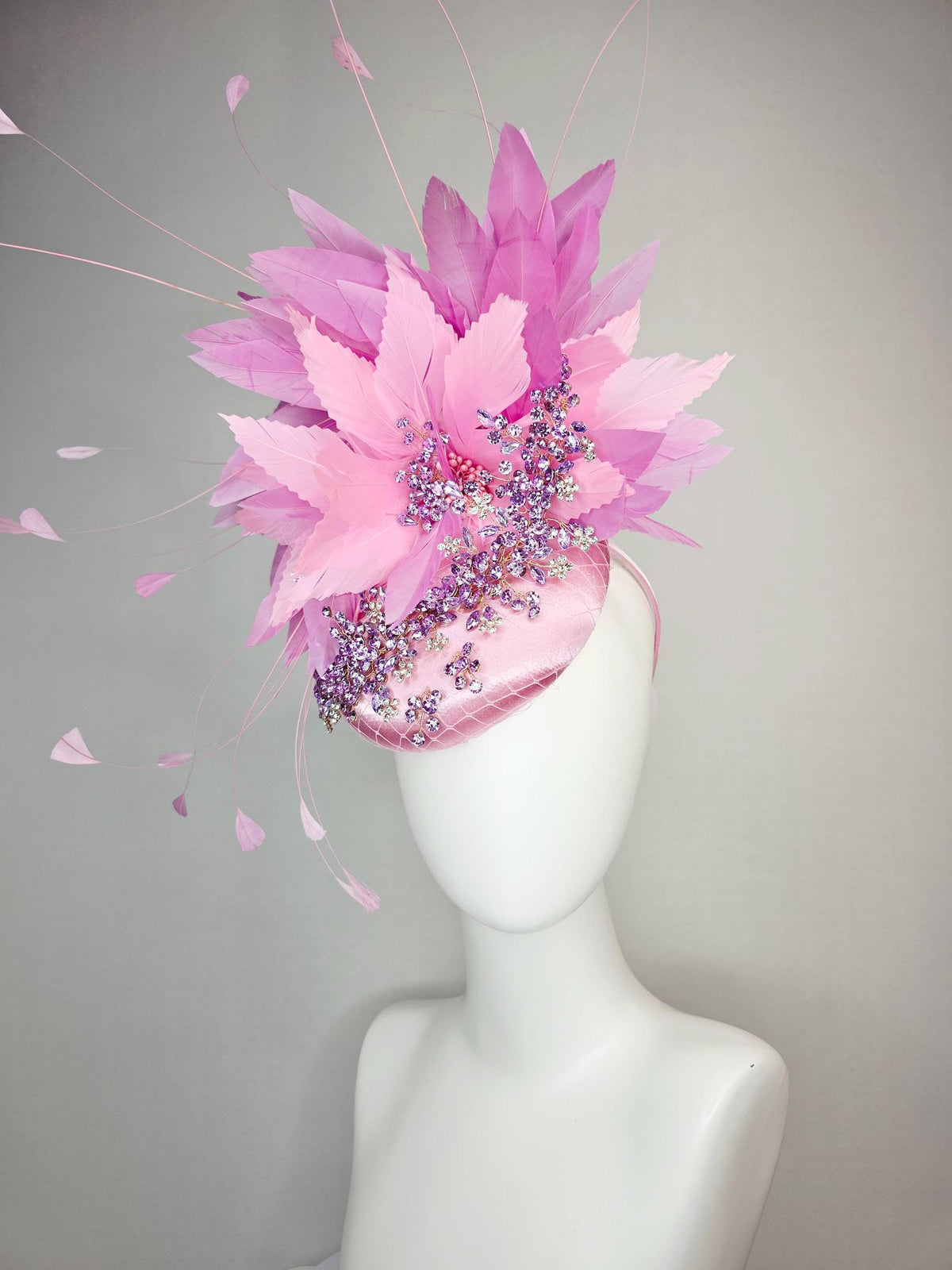kentucky derby hat fascinator baby pink satin with netting leaf vine lavender purple crystal rhinestone fluffy light pink lilac feathers