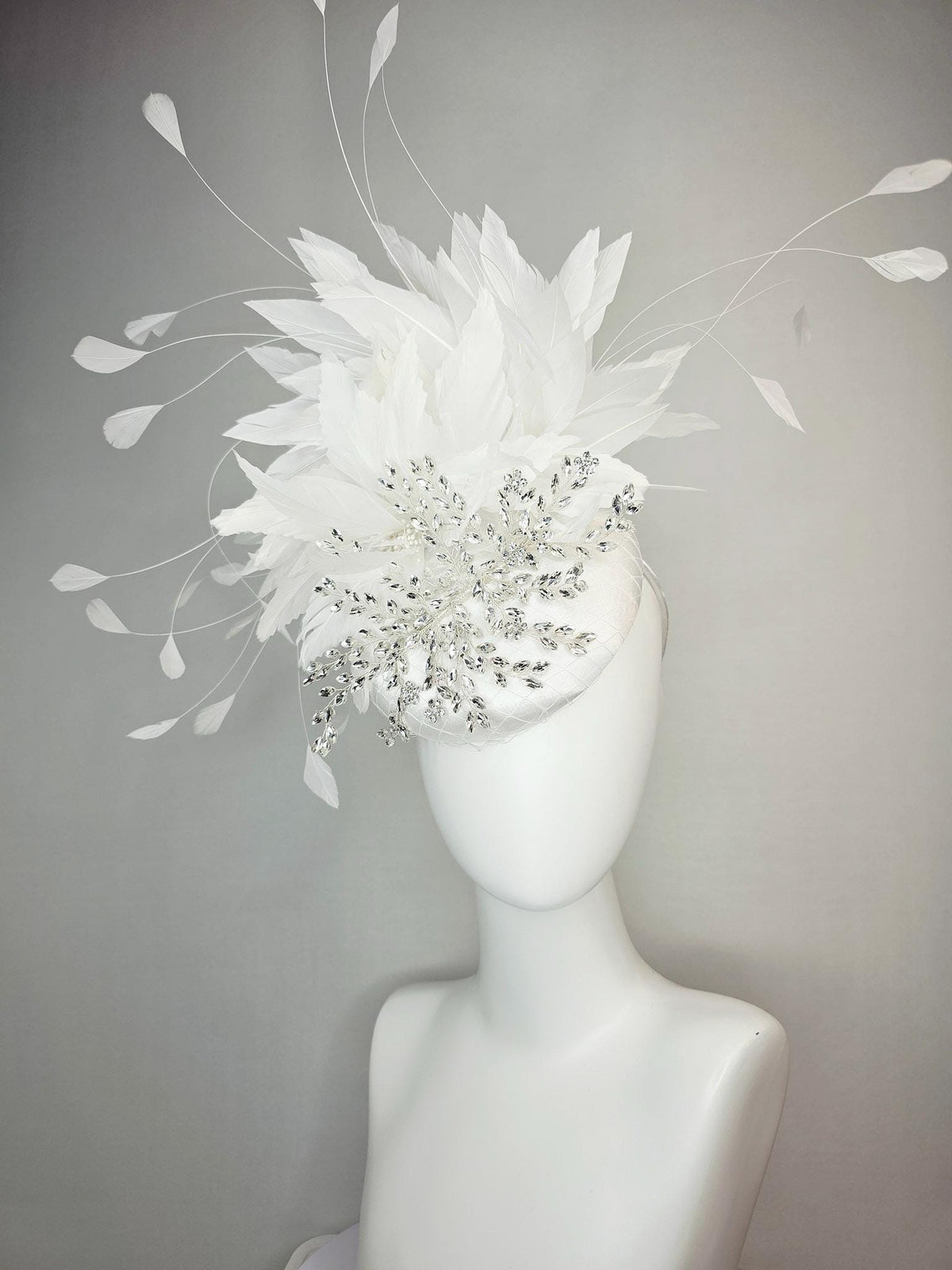 kentucky derby hat fascinator neutral ivory white satin with netting leaf vine clear silver crystal rhinestone fluffy white feathers