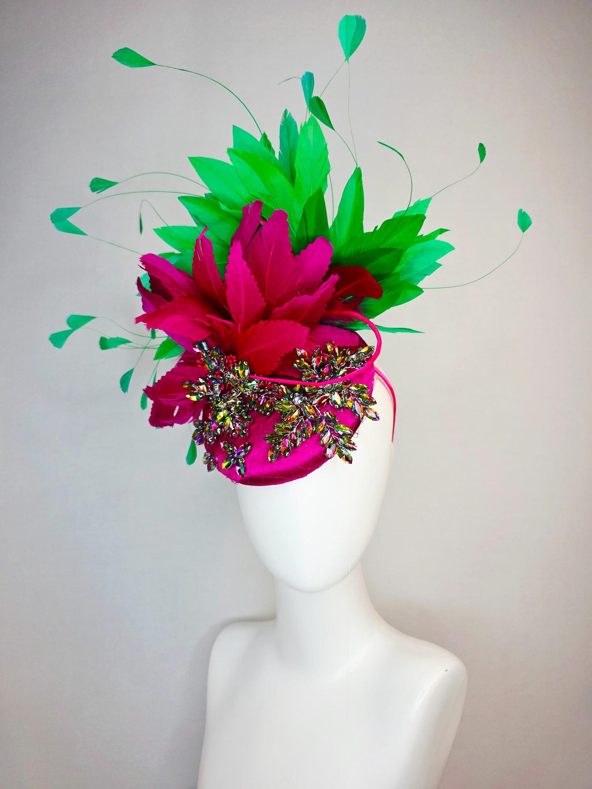 kentucky derby hat fascinator magenta pink satin with netting leaf vine iridescent crystal rhinestone and fuchsia pink lime green feathers