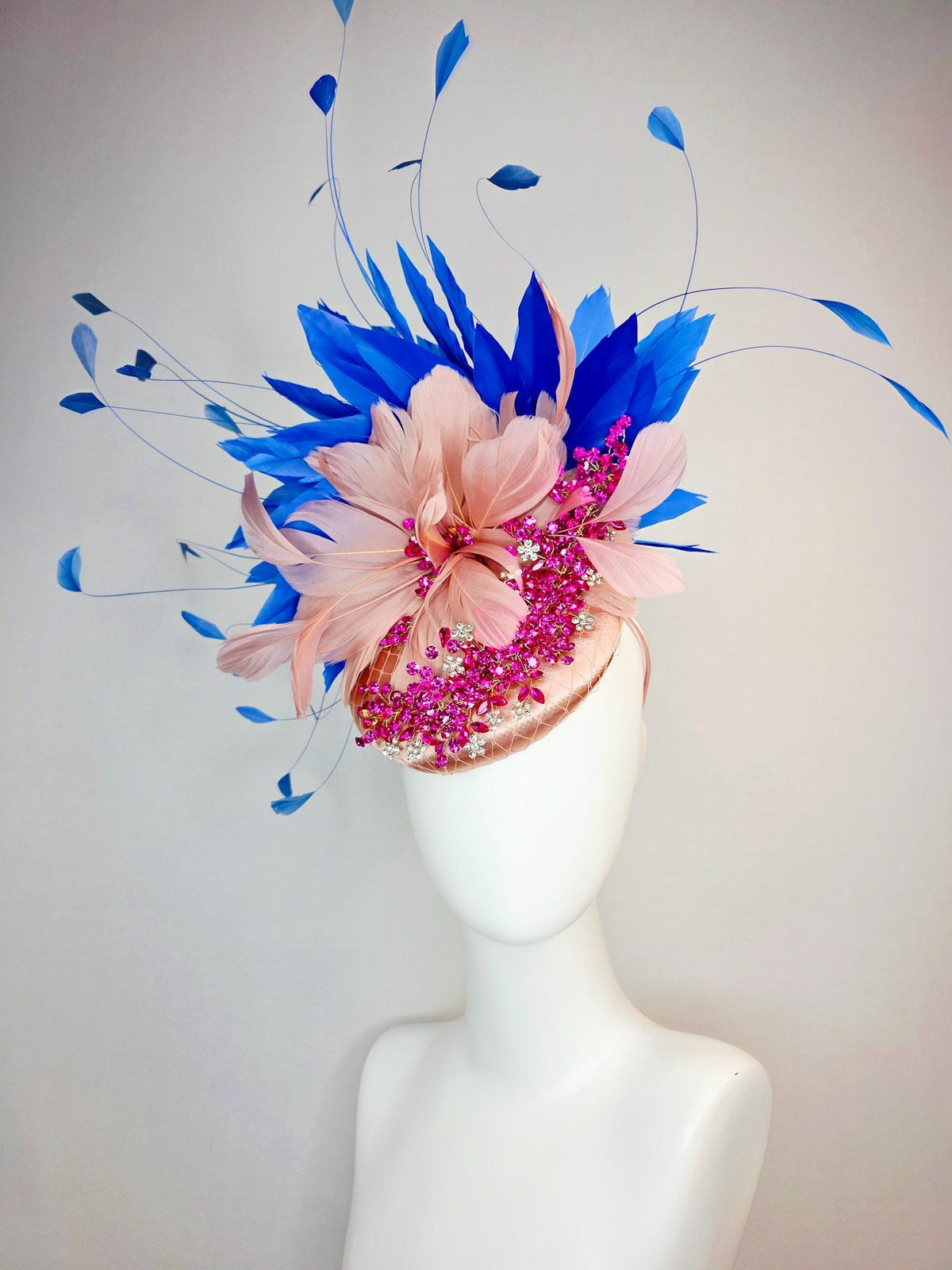 kentucky derby hat fascinator champagne satin with netting leaf vine pink crystal rhinestone dusty mauve blush pink cobalt blue feathers