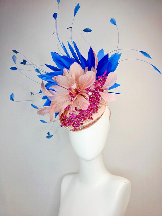 kentucky derby hat fascinator champagne satin with netting leaf vine pink crystal rhinestone dusty mauve blush pink cobalt blue feathers