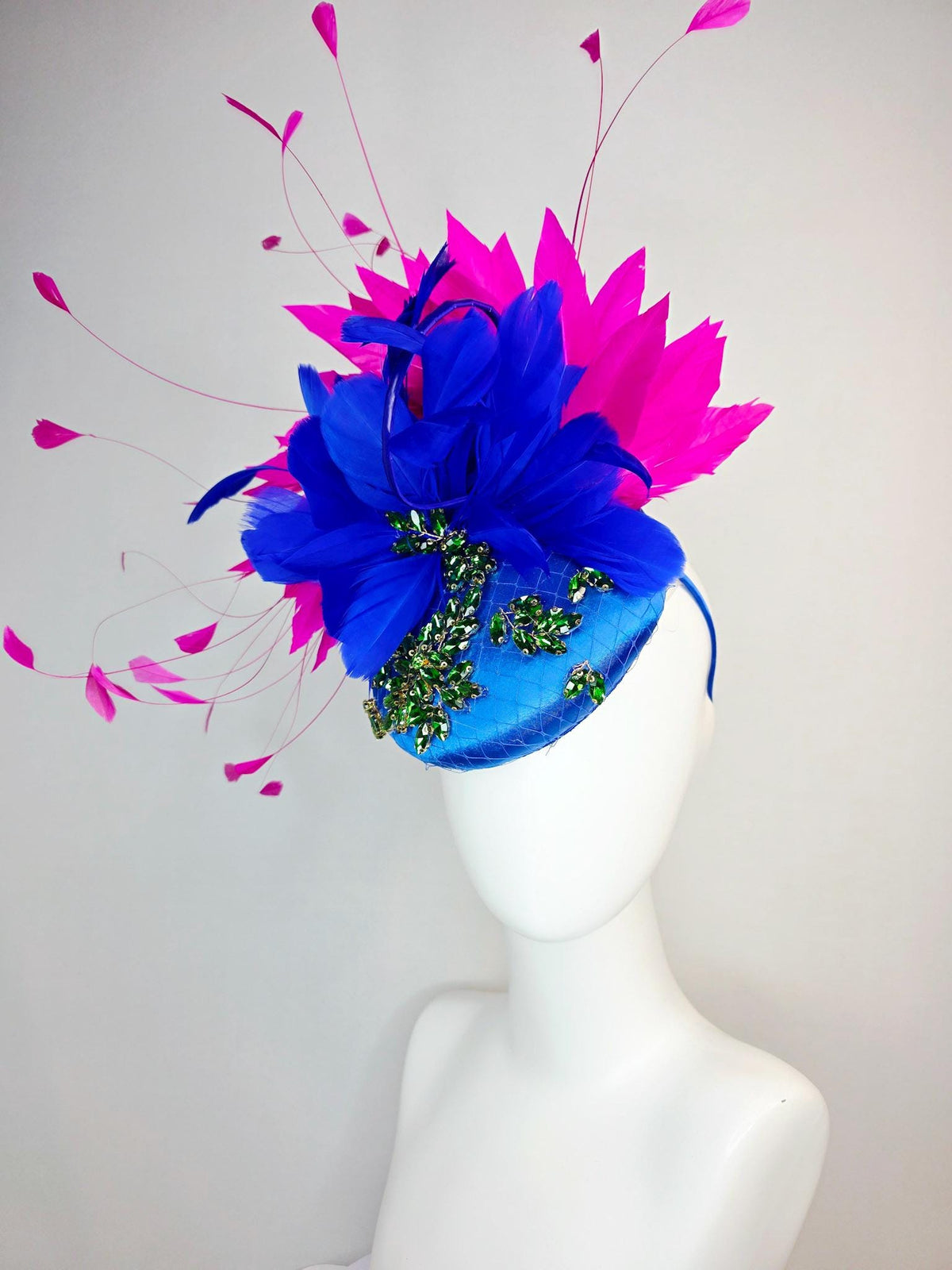 kentucky derby hat fascinator royal blue satin with netting leaf vine emerald green crystal rhinestone fuchsia pink cobalt blue feathers