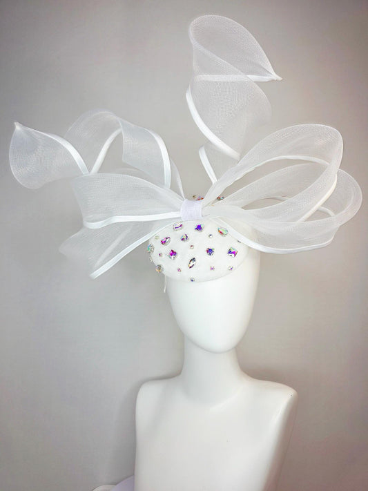 kentucky derby hat fascinator white sinamay base with iridescent clear crystal jewels white mesh and wired ribbon large bendable bow decor