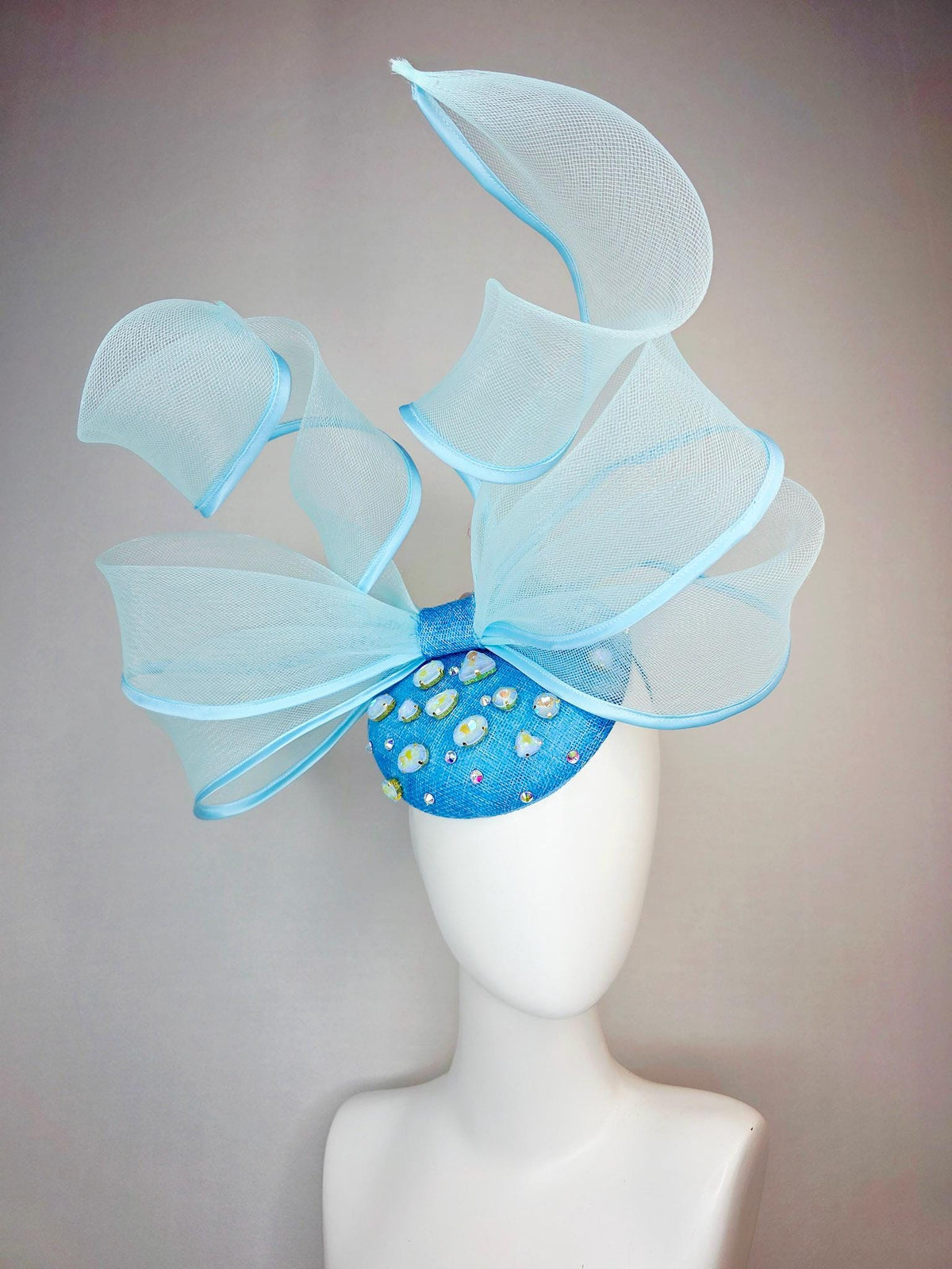 kentucky derby hat fascinator sky ocean blue sinamay base with blue crystal jewels light blue mesh and wired ribbon large bendable bow decor