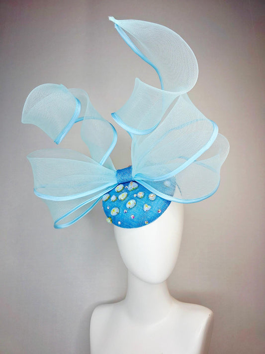 kentucky derby hat fascinator sky ocean blue sinamay base with blue crystal jewels light blue mesh and wired ribbon large bendable bow decor