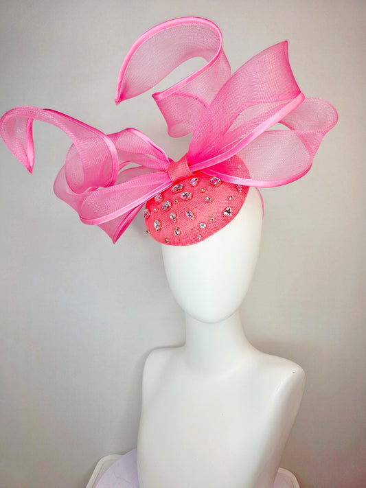 kentucky derby hat fascinator raspberry pink sinamay base with clear crystal jewels blush pink mesh wired ribbon large bendable bow decor