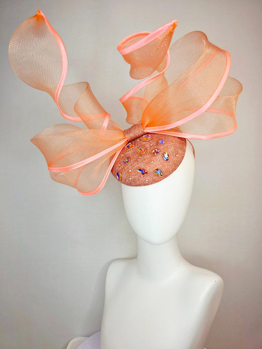 kentucky derby hat fascinator burnt orange sinamay base iridescent orange crystal jewels peach mesh wired ribbon large bendable bow decor