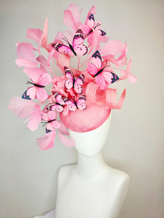 kentucky derby hat fascinator dusty pink sinamay with curls rose pink organza flower baby pink feathers light pink and black butterflies