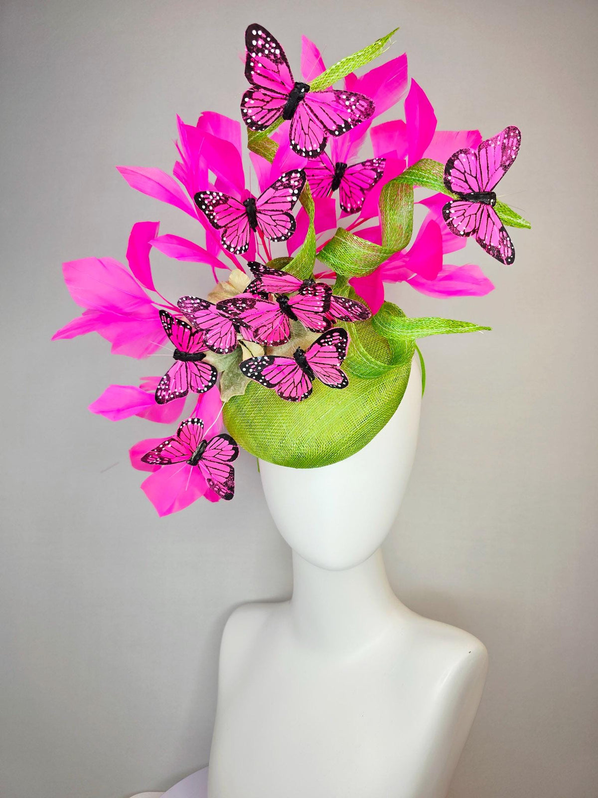 kentucky derby hat fascinator lime green sinamay with curls cream gold organza flower fuchsia pink feathers bright pink black butterflies