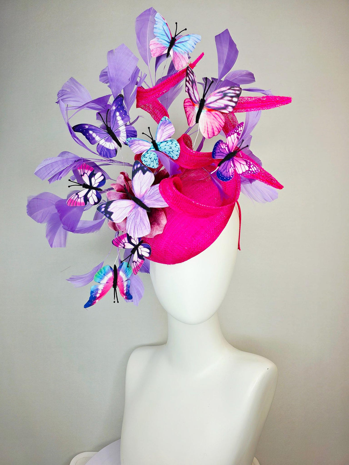 kentucky derby hat fascinator hot pink sinamay with curls ombre pink organza flower lavender feathers blue purple pink white butterflies
