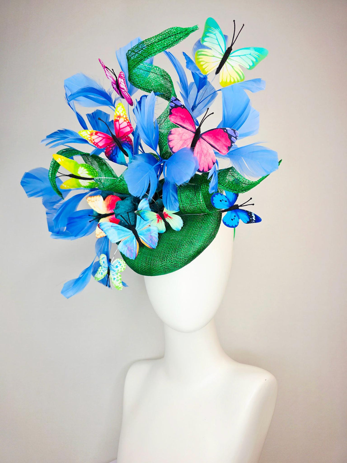 kentucky derby hat fascinator green sinamay with curls teal blue organza flower cobalt sky blue feathers pink red yellow purple butterflies