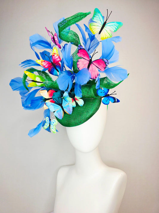 kentucky derby hat fascinator green sinamay with curls teal blue organza flower cobalt sky blue feathers pink red yellow purple butterflies