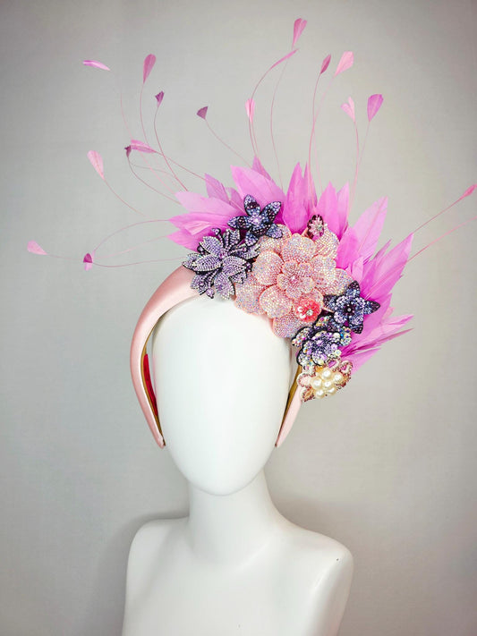 kentucky derby hat fascinator light pink satin headband iridescent pink lavender purple pearl crystal flowers lilac pink branching feathers