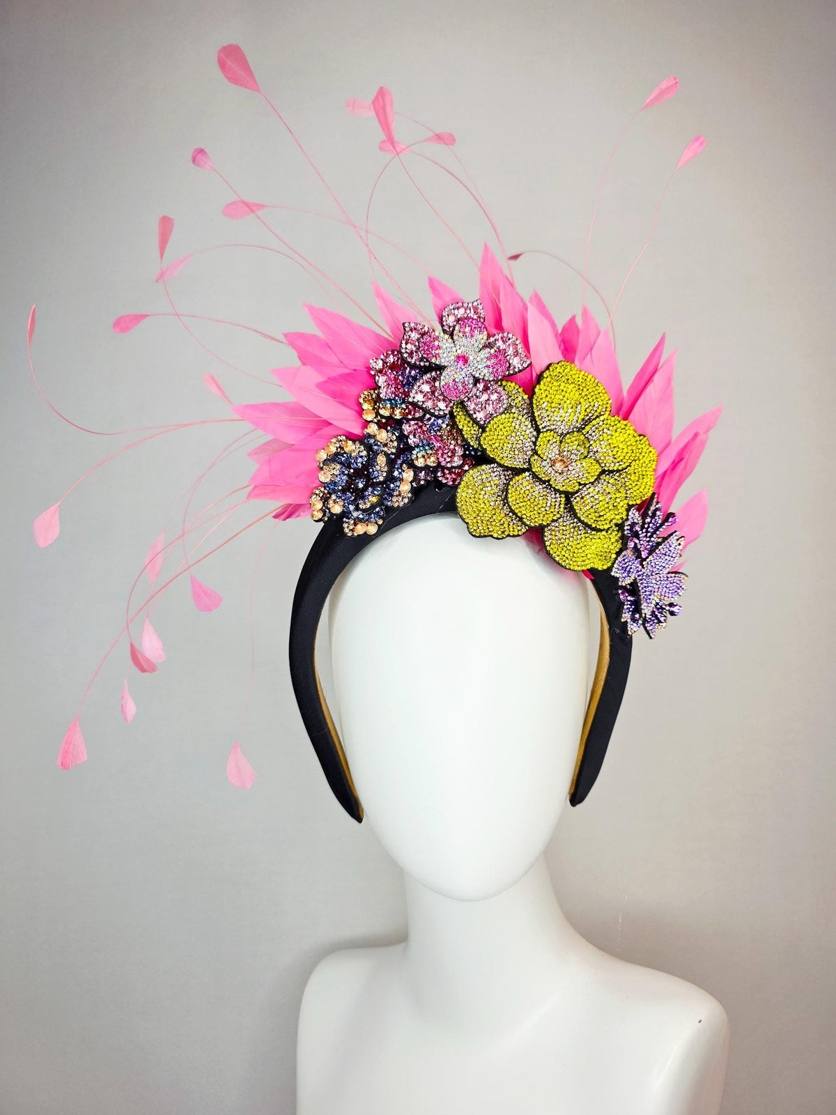 kentucky derby hat fascinator black satin headband with colorful lavender purple gold blue pink yellow crystal flowers blush pink feathers