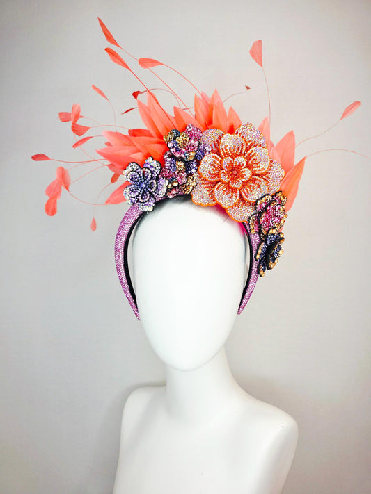 kentucky derby hat fascinator pink Swarovski crystal headband lavender purple pink blue gold orange crystal flowers coral orange feathers