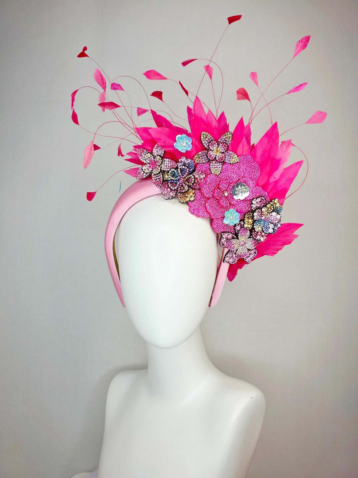 kentucky derby hat fascinator light pink satin headband with light hot pink purple blue gold crystal flowers and hot fuchsia pink feathers