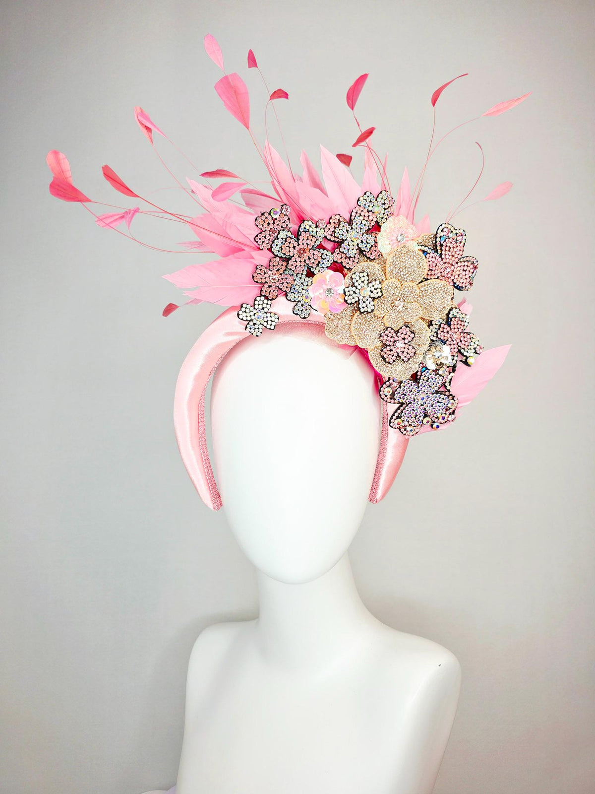 kentucky derby hat fascinator light pink satin headband with silver gold pink iridescent crystal flowers light baby pink branching feathers