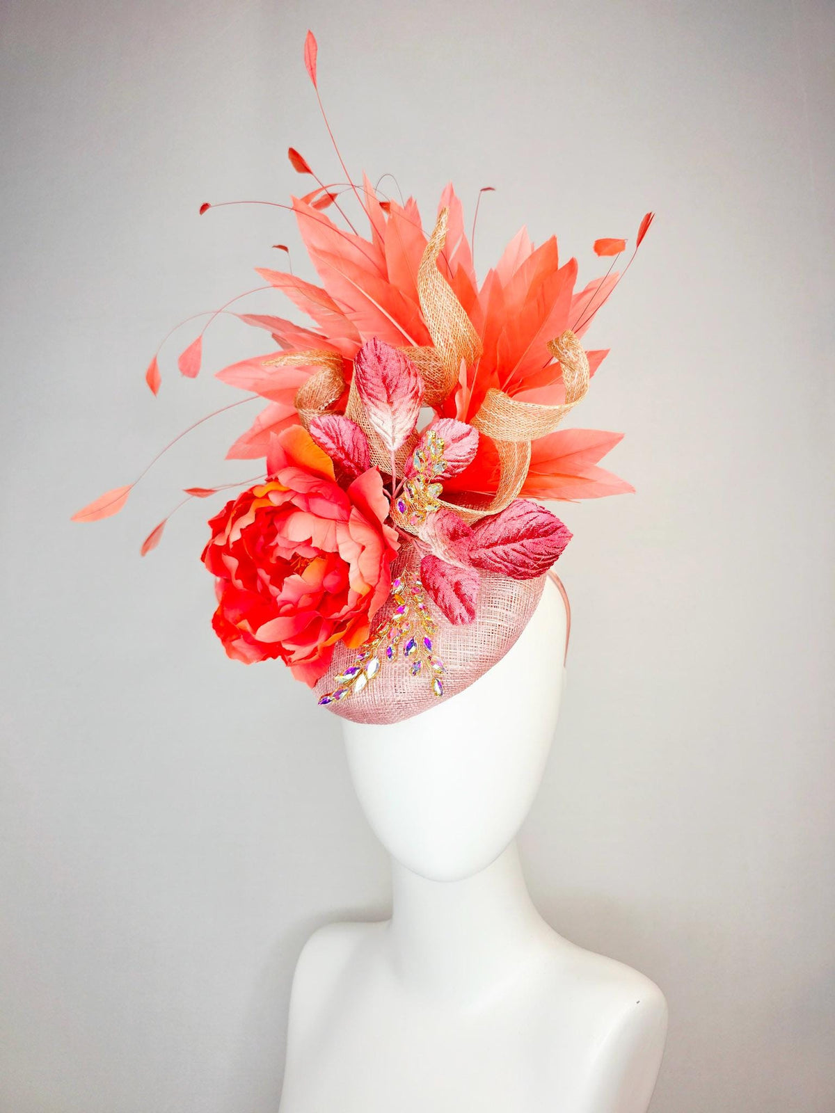 kentucky derby hat fascinator champagne pink sinamay beige curls leaf vine iridescent crystals red coral satin flower leaves orange feathers