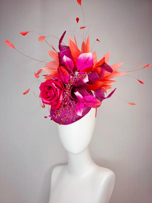 kentucky derby hat fascinator magenta purple sinamay with curls leaf vine pink crystal rhinestone hot pink satin rose leaves orange feathers