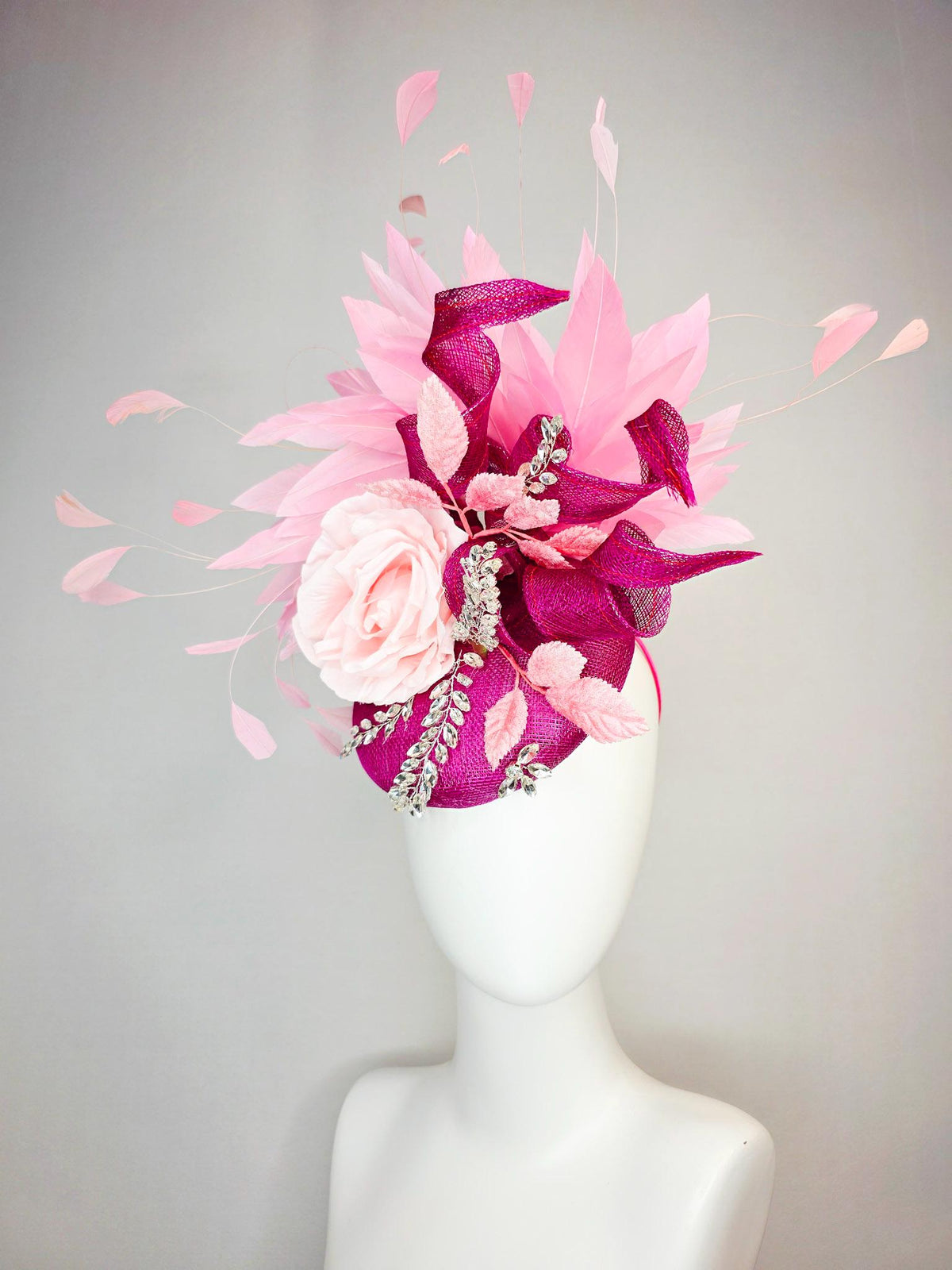 kentucky derby hat fascinator magenta pink sinamay with curls leaf vine clear crystal rhinestone light pink satin rose baby pink feathers