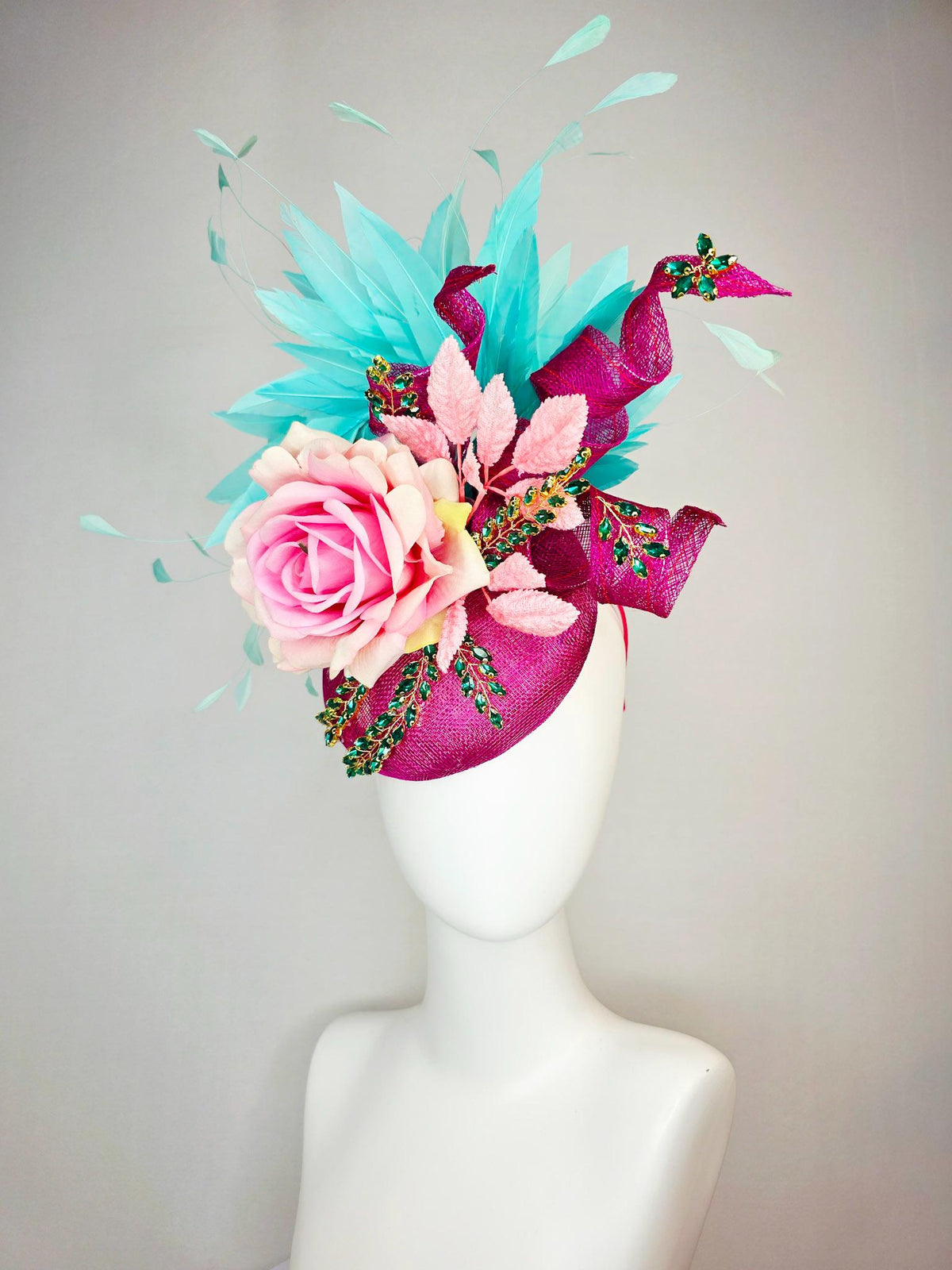 kentucky derby hat fascinator magenta pink sinamay with curls leaf vine green crystals ombre pink satin rose turquoise aqua blue feathers