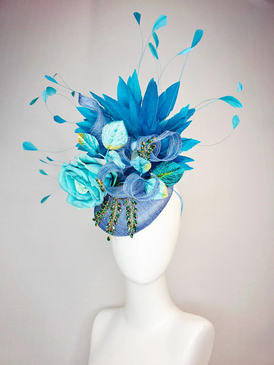 kentucky derby hat fascinator denim blue sinamay with curls leaf vine green crystals turquoise aqua blue satin rose sky ocean blue feathers