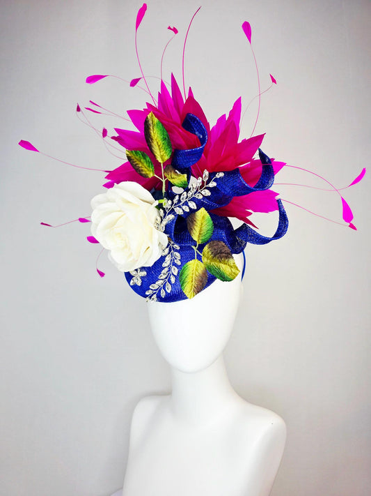 kentucky derby hat fascinator cobalt blue sinamay curls leaf vine crystals ivory white satin rose brown yellow green leaves pink feathers