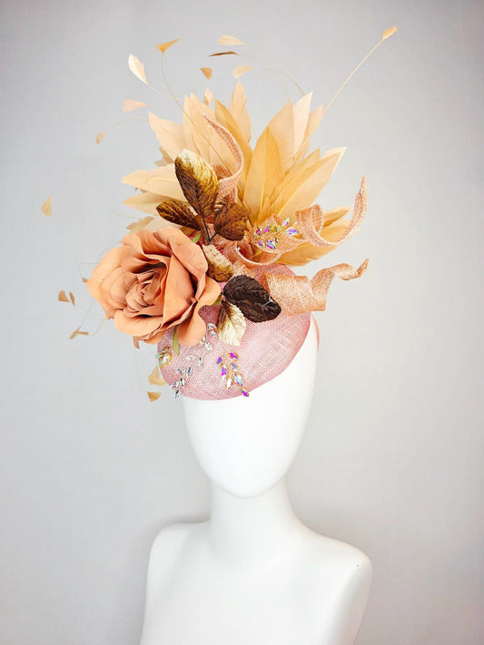 kentucky derby hat fascinator champagne pink sinamay curls leaf vine iridescent crystals brown leaves peach satin rose tan beige feathers