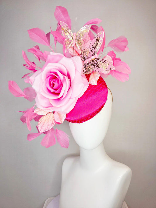 kentucky derby hat fascinator fuchsia satin with netting ombre pink satin rose light pink leaves blush hot pink feathers gold butterflies