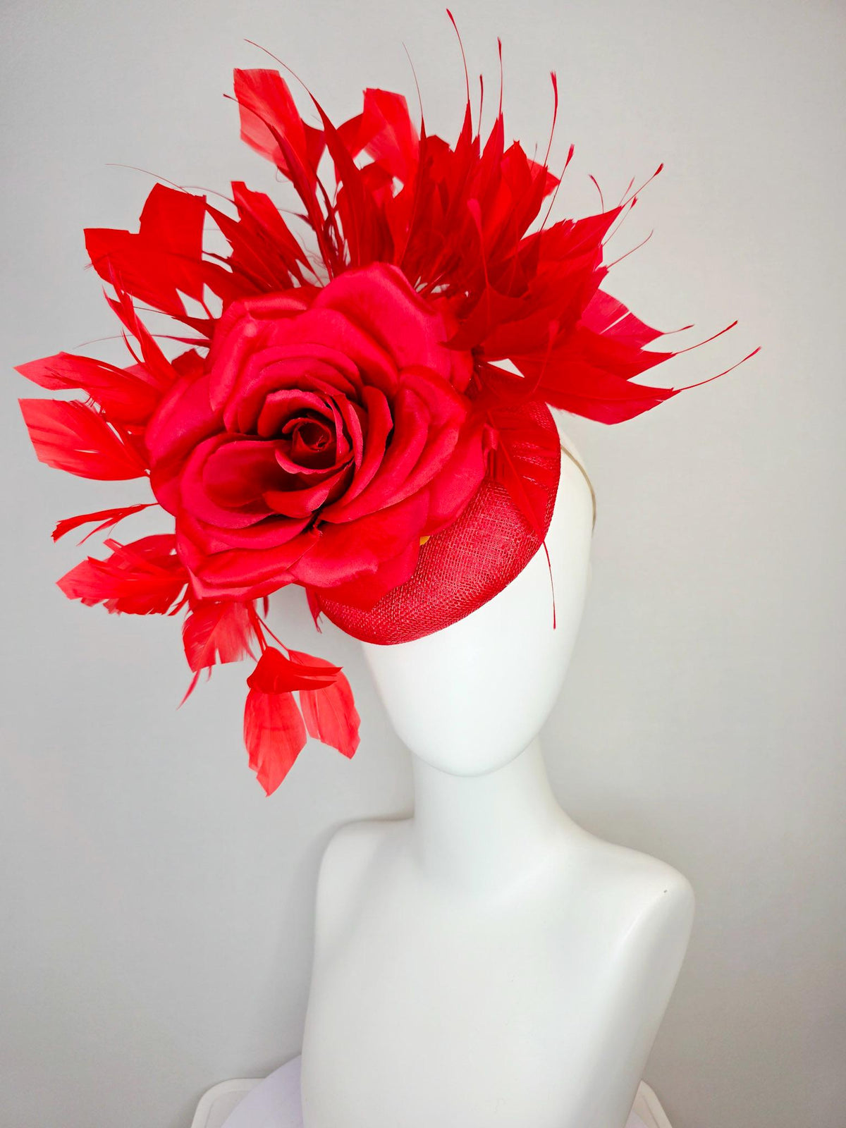kentucky derby hat fascinator scarlet red sinamay base with large bright red satin rose and cherry red branching feathers