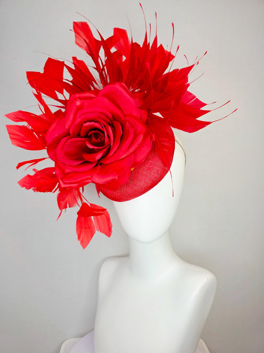 kentucky derby hat fascinator scarlet red sinamay base with large bright red satin rose and cherry red branching feathers