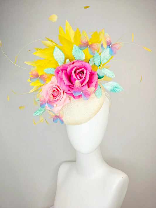 kentucky derby hat fascinator neutral ivory white sinamay and pink satin roses mint green leaves yellow feathers blue blush pink butterflies