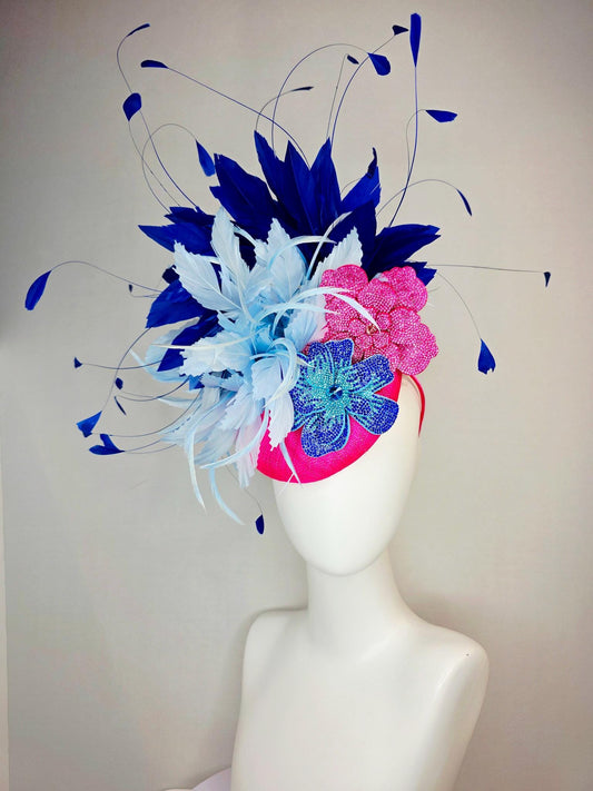 kentucky derby hat fascinator hot pink sinamay with pink and blue crystal rhinestone flowers and fluffy light blue royal navy blue feathers