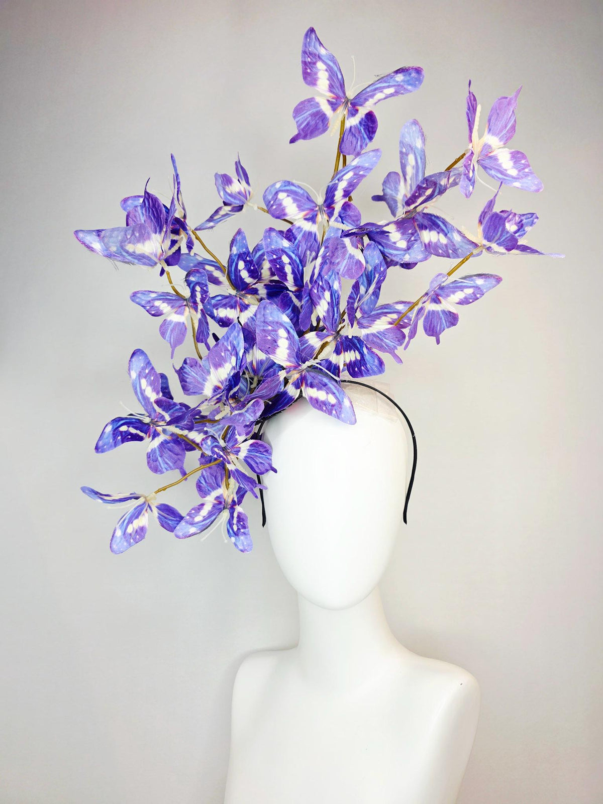 kentucky derby hat fascinator large branching violet lavender purple blue white fabric butterflies on headband