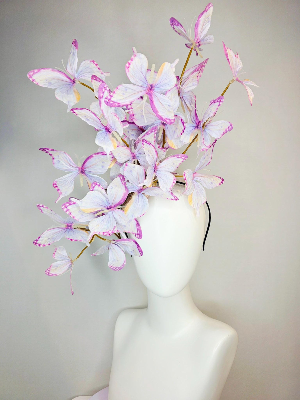 kentucky derby hat fascinator large branching light lilac lavender purple yellow white fabric butterflies on headband
