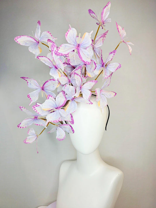 kentucky derby hat fascinator large branching light lilac lavender purple yellow white fabric butterflies on headband