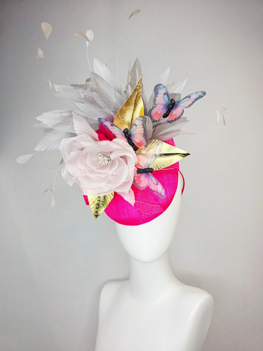 kentucky derby hat fascinator hot pink sinamay white organza rose gold leaves silver light gray branching feathers pink blue butterflies