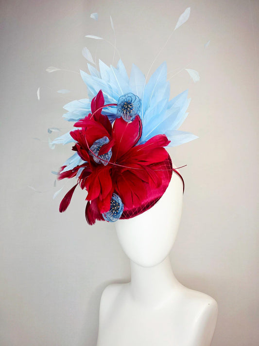 kentucky derby hat fascinator wine red satin with netting scarlet red sky blue branching feathers blue organza flowers rhinestone center